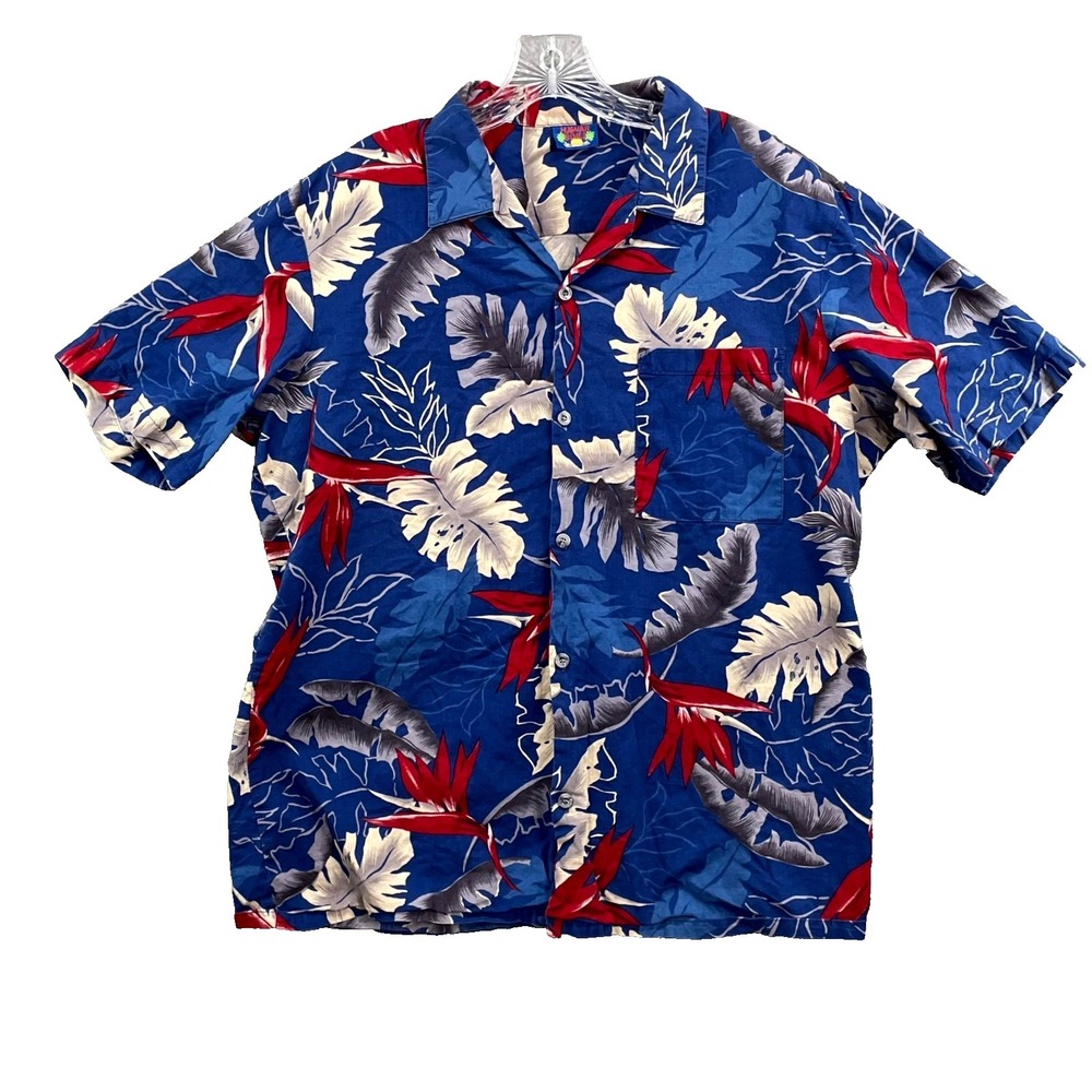 Vintage Hawaii Blues Shirt‎ Mens Medium Tropical Print Hawaiian Beach Surf Skate